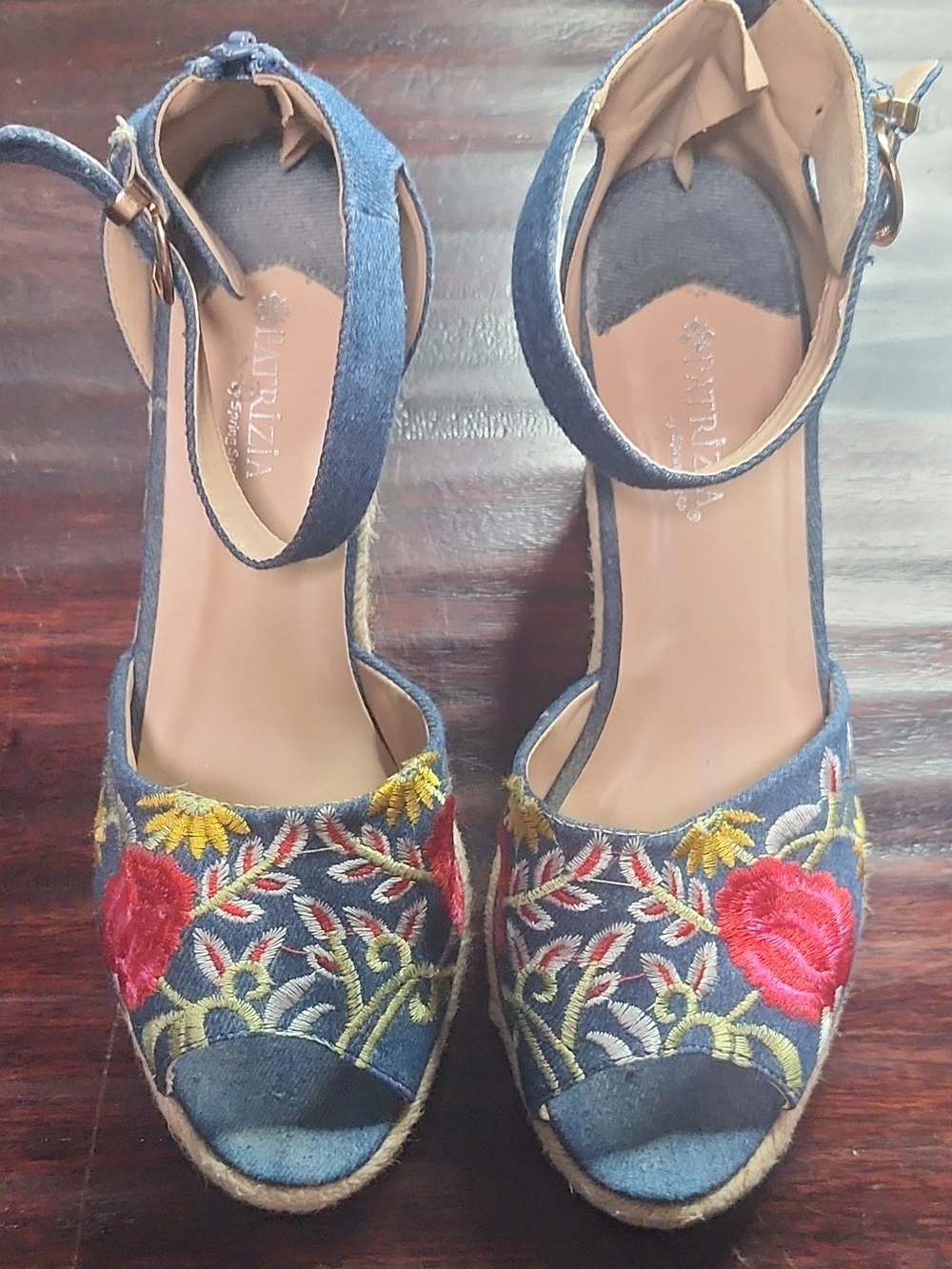 Denim Embroidered Wedge Sandals with Ankle Strap